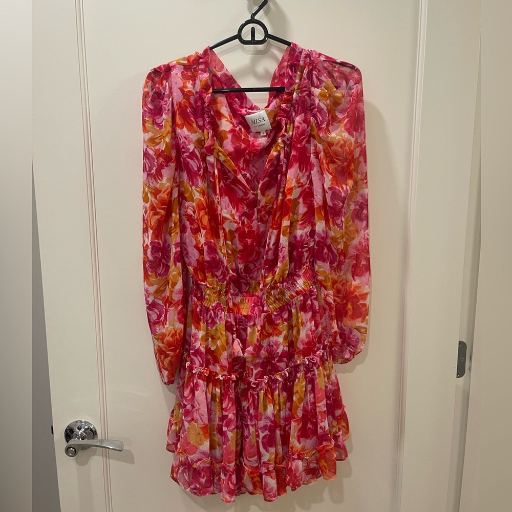 Misa Los Angeles Pink and Red Ruffled Tie Front Sundress